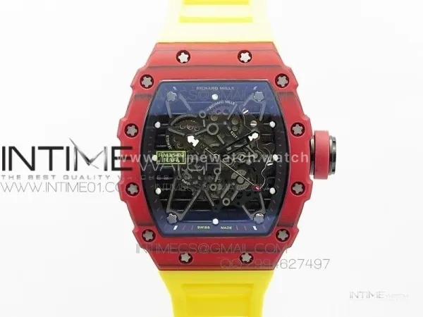 RM 035-2 Red Forged Carbon Black Inner Bezel Skeleton Dial on Yellow Rubber Strap MIYOTA9015