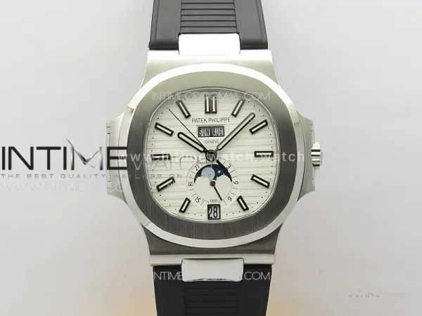 Nautilus 5726 Full Function SS PPF 1:1 Best Edition White Dial on Black Rubber Strap PPF324  (Free Tool)