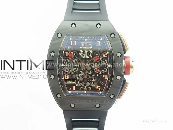 RM011 NTPT Lotus F1 Team RG Chronograph KVF 1:1 Best Edition Crystal Skeleton Dial Red on Black Rubber Strap A7750