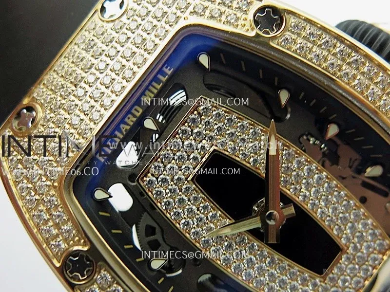 RM07 Paved Snowflake Cut Diamonds RG ZF Best Edition Black MOP Diamond Skeleton Dial On Black Rubber Strap Asian CRMA2 Clone