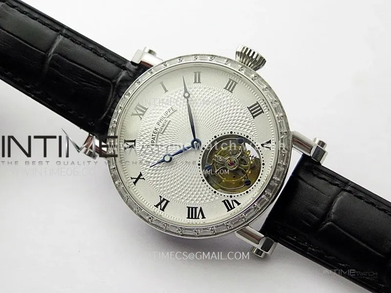 Classic Tourbillon SS/Diamonds Bezel AXF White Textured Dial On Black Leather Strap EQ5210