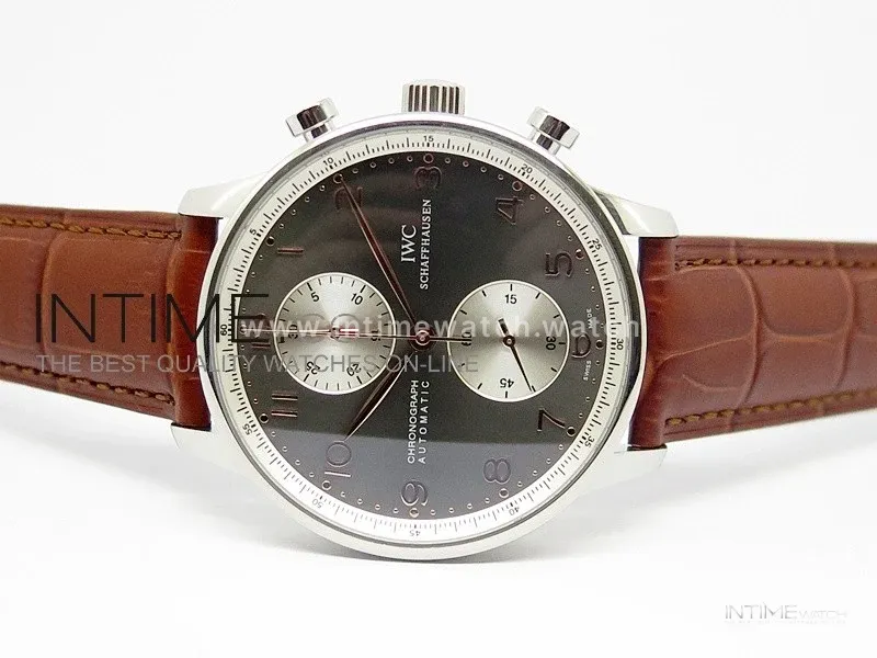 Portuguese 40mm Chrono SS Gray Dial Sliver subdial on Leather Strap A7750