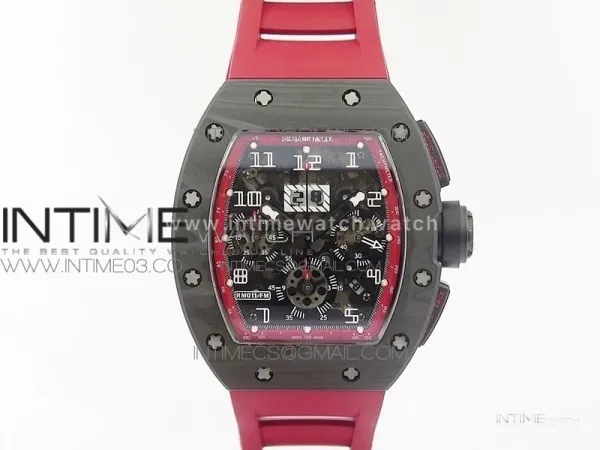 RM011 Carbon Case Chronograph KVF 1:1 Best Edition Carbon Case Bezel Skeleton Dial on Red Rubber Strap A7750