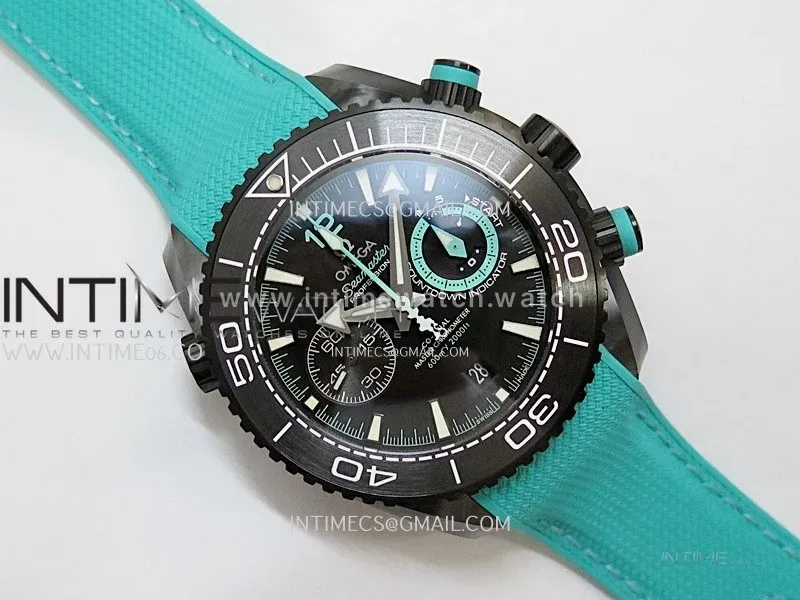 Planet Ocean Master Chrono Deep Black Ceramic SCF 1:1 Best Edition Black Dial on Light Blue Rubber Strap A9900