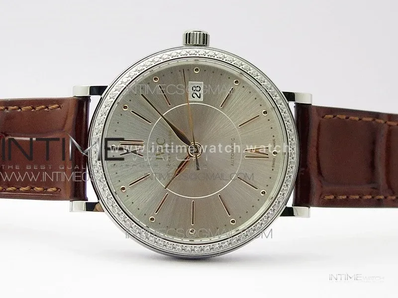 Portofino 37mm SS Diamond Bezel A7F 1:1 Best Edition Silver Dial on Brown Leather Strap A2892