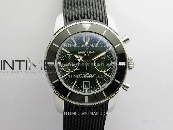 SuperOcean Heritage Chrono 42mm Black Ceramic Bezel B50 Green Dial On Black Rubber Strap A7750