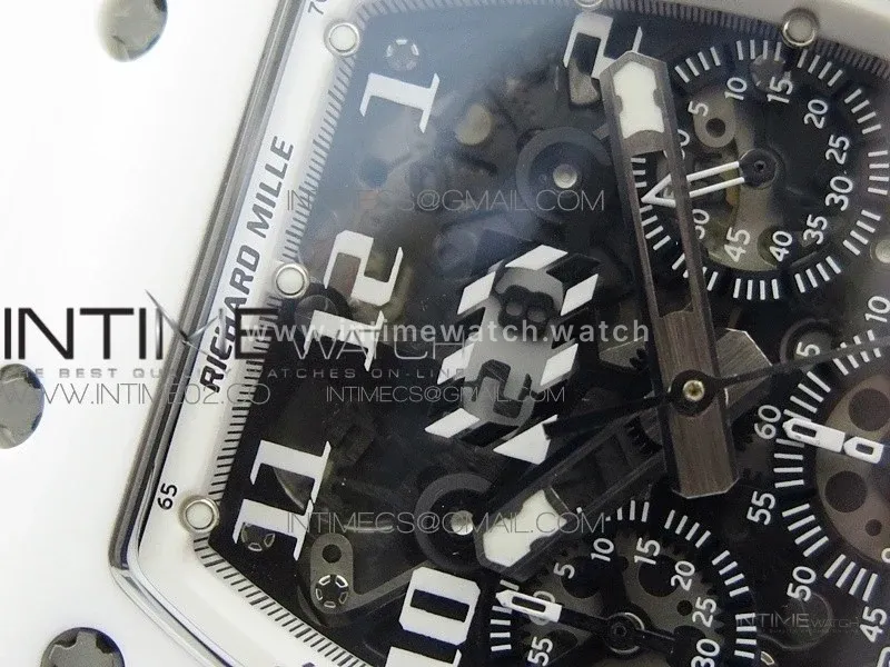 RM011 Carbon Case Chronograph KVF 1:1 Best Edition White Ceramic Bezel Skeleton Dial on White Rubber Strap A7750