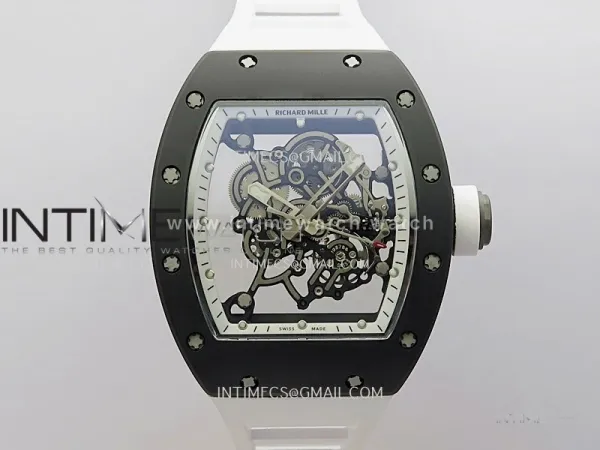 RM055 Black Ceramic White Inner RMF Best Edition Skeleton Dial On White Rubber Strap RMUL2 Super Clone
