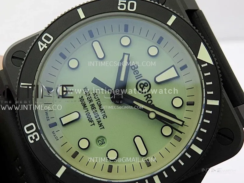 Instruments BR03A-D Ceramic M+F 1:1 Best Edition Green Lumed Dial on Rubber Strap MIYOTA 9015 (Free Nylon Strap) V3
