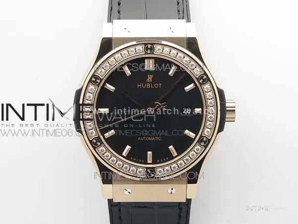 Classic Fusion 42mm RG Paved Diamonds Bezel B50F Black Dial On Black Gummy Strap A2892