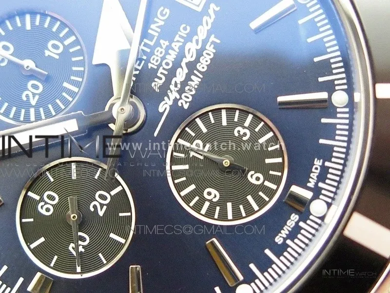 SuperOcean A13312 46mm Black Bezel Blue Dial/black subdial on SS Bracelet A7750