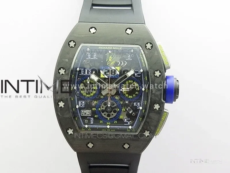 RM011 Titanium Case Carbon Bezel Chronograph KVF 1:1 Best Edition Skeleton Dial Blue Crown on Black Rubber Strap A7750