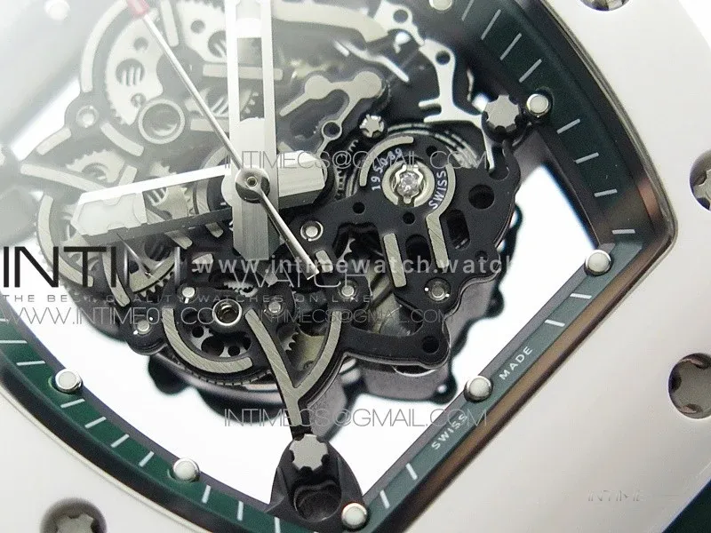 RM055 White Ceramic KVF Best Edition Skeleton Dial White on Green Rubber Strap MIYOTA8215 V3