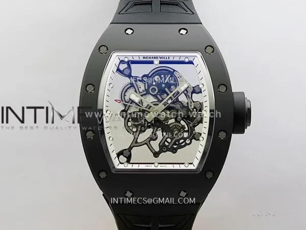 RM055 Black Crown White Inner Black Ceramic ZF 1:1 Best Edition Skeleton Dial On Black Rubber Strap RMUL2 Super Clone
