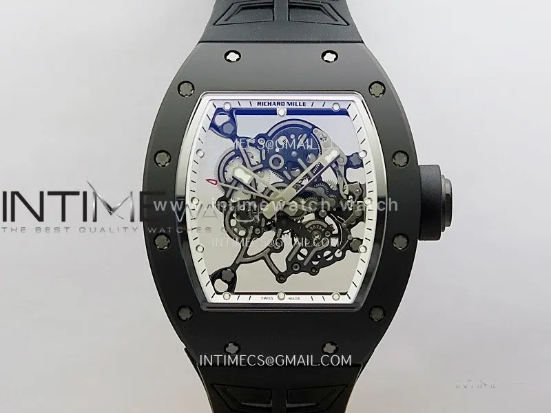 RM055 Black Crown White Inner Black Ceramic ZF 1:1 Best Edition Skeleton Dial On Black Rubber Strap RMUL2 Super Clone