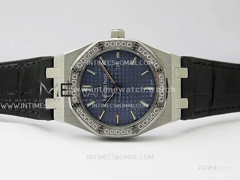 Lady Royal Oak 33mm 67651 SS/Diamond Bezel A7F 1:1 Blue Textured Dial On Black Croco Leather Strap Ronda Quartz to AP Cal.2713