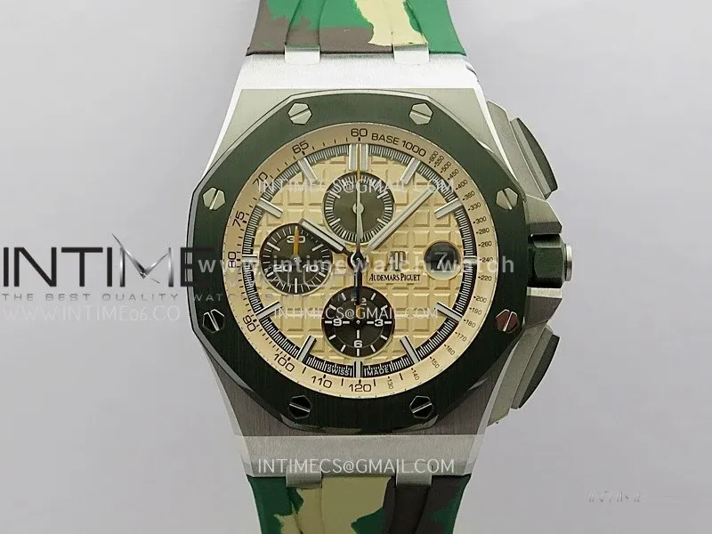 Royal Oak Offshore 44mm SS TKF 1:1 Best Edition Cream Dial on Green Camo Rubber Strap A3126