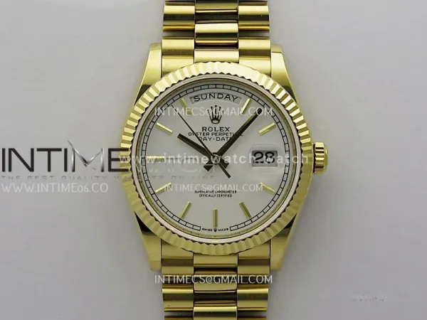 Day Date 128238 36mm YG KF 1:1 Best Edition White Dial Stick Marker On President Bracelet A2836 (Gain Weight)