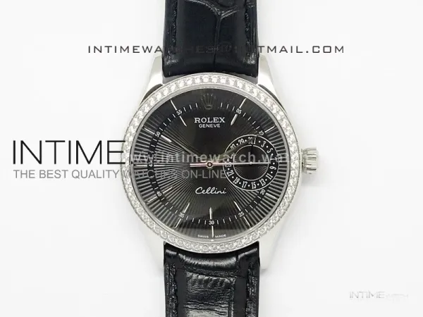 Cellini Date BP Maker SS Diam Bezel Black Dial on Black Leather Strap