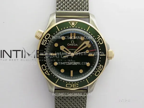 Seamaster 300M Diver Titanium/Bronze Gold ORF 1:1 Green Dial On Titanium Mesh Bracelet Asian Super Clone 8806(Free Rubber Strap)
