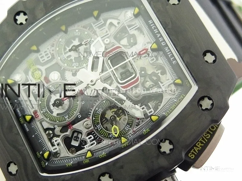 RM011 Carbon Case Chrono KVF 1:1 Best Edition Crystal Skeleton Yellow Dial on Camo Rubber Strap A7750 V2