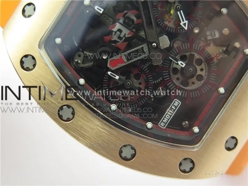 RM011-FM RG CHRONOGRAPH RG CASE KVF 1:1 BEST EDITION CRYSTAL SKELETON DIAL ON ORANGE RUBBER STRAP A7750