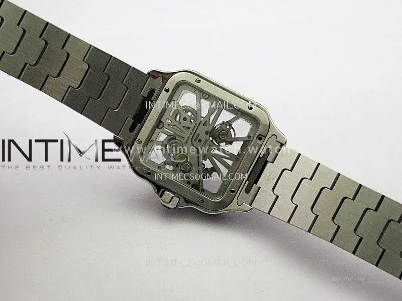 Santos Black SS/YG Rich Factory 1:1 Skeleton Silver Dial On SS/YG SmartLink Bracelet 9611MC Super Clone (Free Leather Strap)
