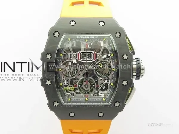 RM011 Carbon Case Chrono KVF 1:1 Best Edition Crystal Skeleton Yellow Dial on Orange Rubber Strap A7750 V2