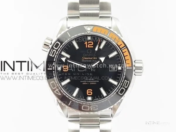 Planet Ocean 43.5mm SS VSF 1:1 Best Edition Black/Orange Bezel Black Dial on SS Bracelet A8900 Super Clone