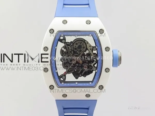RM055 Real White Ceramic Case V2 KVF Best Edition Skeleton Dial Blue Crown on Blue Rubber Strap MIYOTA8215