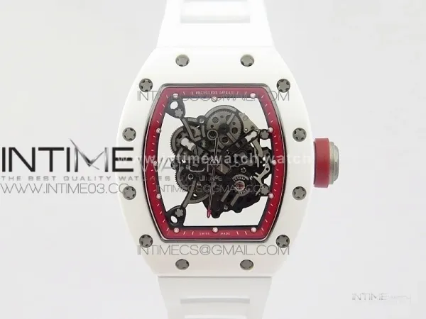RM055 Real White Ceramic Case V2 KVF Best Edition Skeleton Dial Red Crown on White Rubber Strap MIYOTA8215