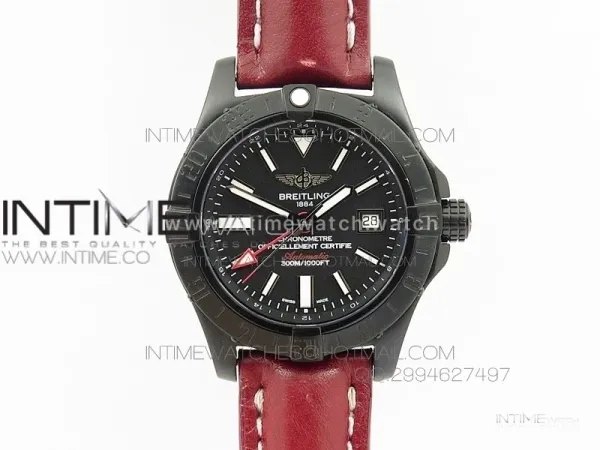 Avenger GMT DLC Black Stick Marker Textured Dial Black Inner bezel on Leather strap A2836