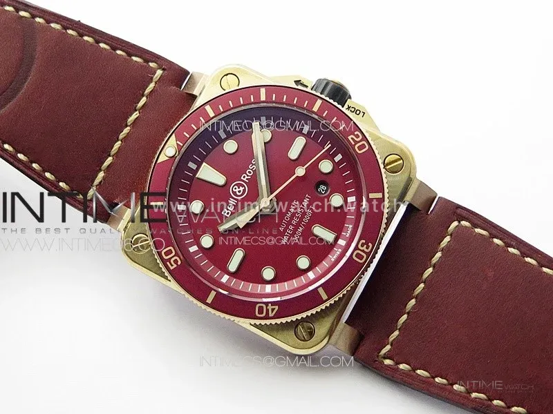 BR 03-92 Diver Ceramic Bezel Bronze B12 1:1 Best Edition Red Dial on Red Leather Strap A2824 (Free Rubber Strap)