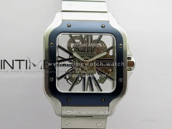 Santos Skeleton SS/Blue PVD Bezel RICH 1:1 Skeleton Blue Dial On SS SmartLink Bracelet 9611MC Super Clone (Free Leather Strap)