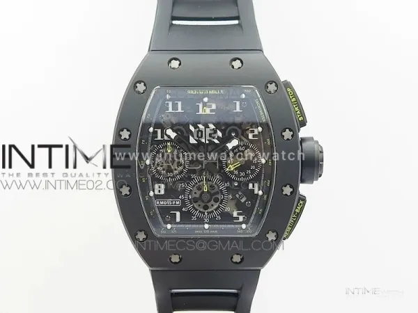 RM011 Carbon Case Chronograph KVF 1:1 Best Edition Ceramic Bezel Skeleton Dial on Black Rubber Strap A7750