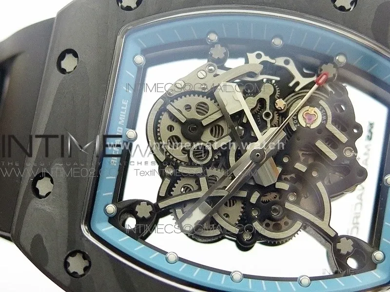 RM055 Carbon Case KVF Best Edition Carbon Bezel Skeleton Dial Blue Crown on black Rubber Strap MIYOTA8215
