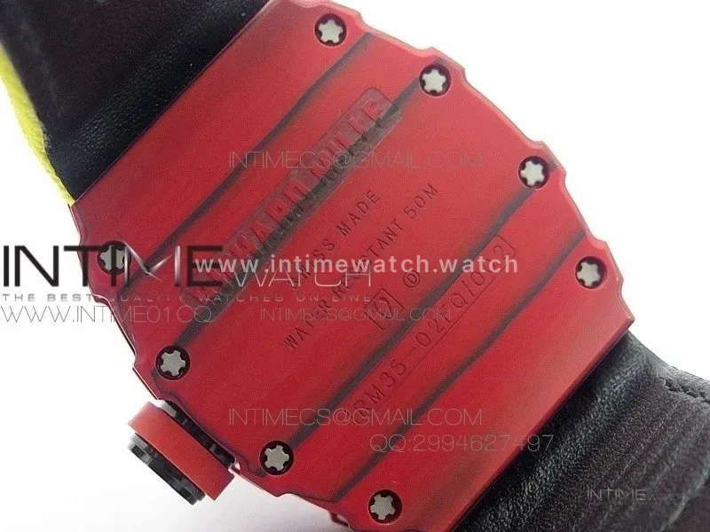 RM 035-2 Red Forged Carbon Yellow Inner Bezel Skeleton Dial on Yellow Nylon Strap MIYOTA9015
