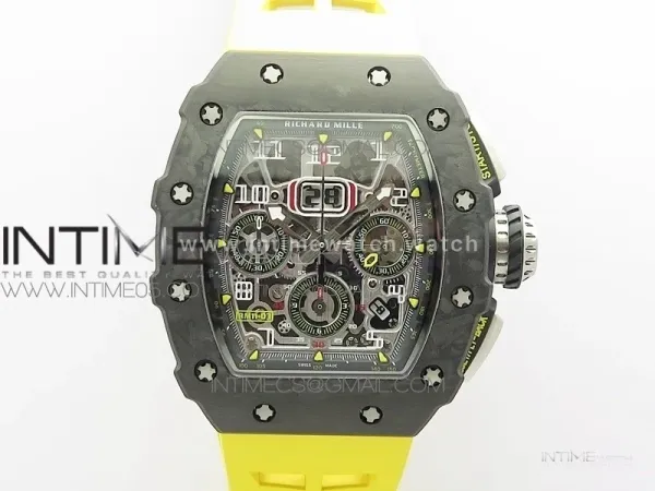 RM011 Carbon Case Chrono KVF 1:1 Best Edition Crystal Skeleton Yellow Dial on Yellow Rubber Strap A7750 V2