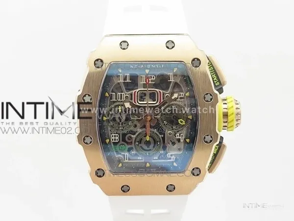 RM011 RG Chronograph RG Case KVF 1:1 Best Edition Crystal Skeleton Dial on White Rubber Strap A7750