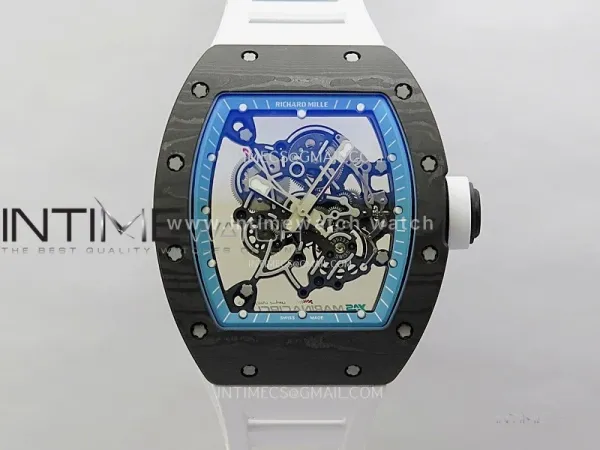 RM055 Blue Inner Bezel Black Crown NTPT/NTPT ZF 1:1 Best Edition on White Rubber Strap RMUL2 Super Clone