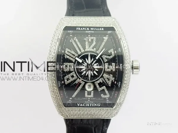 Vanguard V45 SS Full Diamonds Black Textured Diamonds Markers on Black Gummy Strap A2813