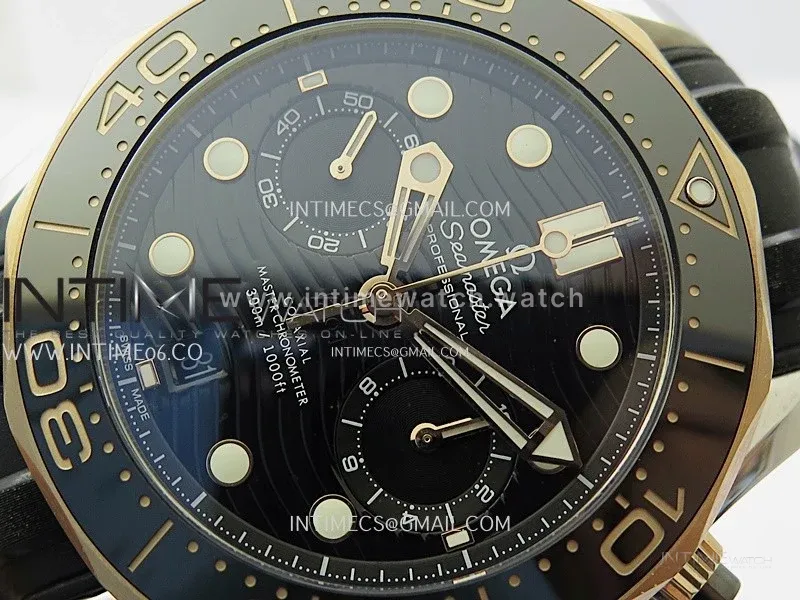 Seamaster 300M Chrono Black Ceramic Bezel SS/RG N1F 1:1 Best Edition Black Dial on Black Rubber Strap A9900