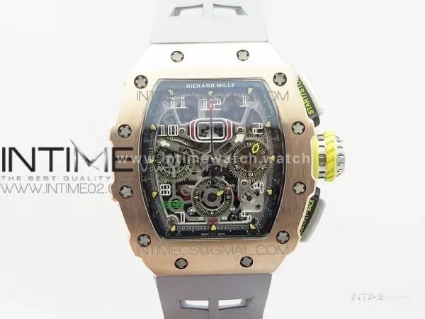 RM011 RG Chronograph SS Case KVF 1:1 Best Edition Crystal Skeleton Dial on Gray Rubber Strap A7750