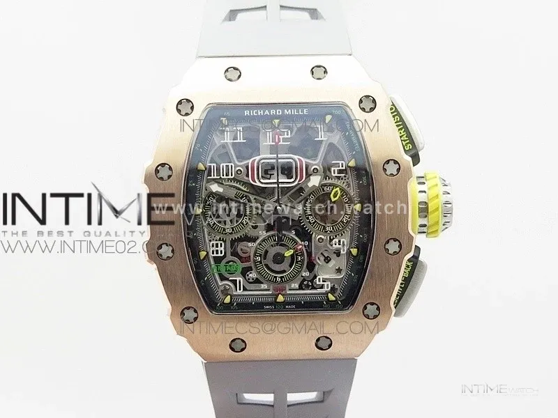 RM011 RG Chronograph SS Case KVF 1:1 Best Edition Crystal Skeleton Dial on Gray Rubber Strap A7750