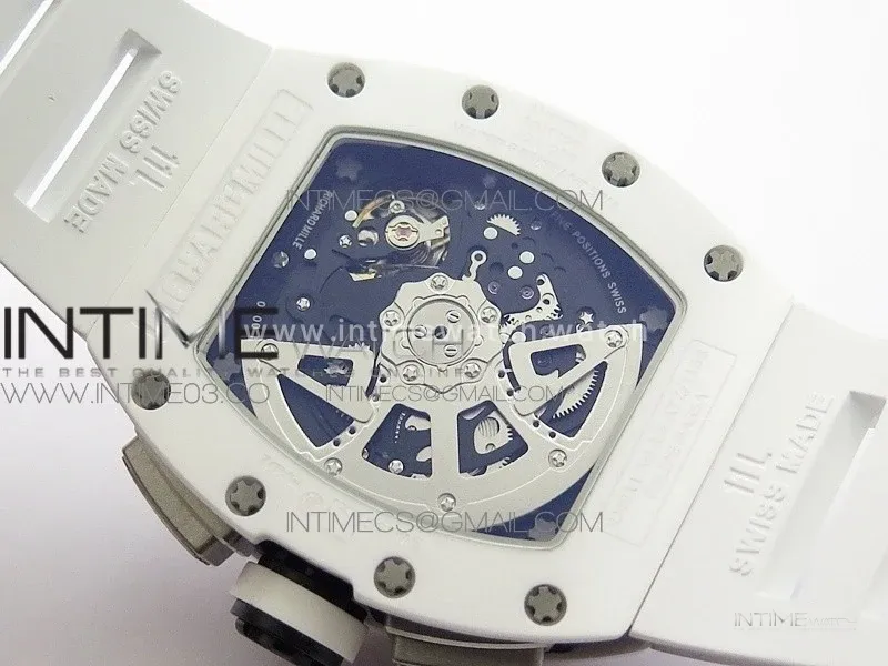RM011 Carbon Case (Blue markers) Chronograph KVF 1:1 Best Edition White Ceramic Bezel Skeleton Dial on White Rubber Strap A7750