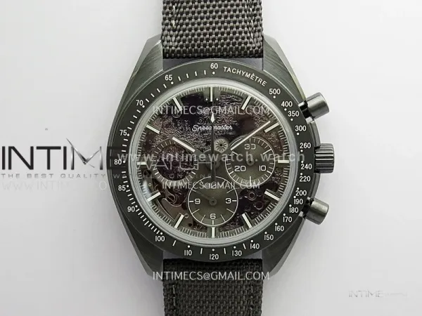 Speedmaster 44mm Ceramic SMF 1:1 Best Edition Gray Skeleton Dial On Gray Nylon Strap A3869 (Free Strap)