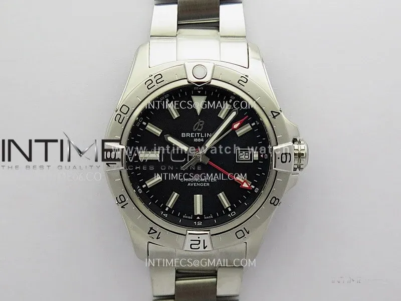 Avenger Chronometer 42mm GMT Red Second Hand SS BLSF 1:1 Best Version Black Dial On SS Bracelet A2836
