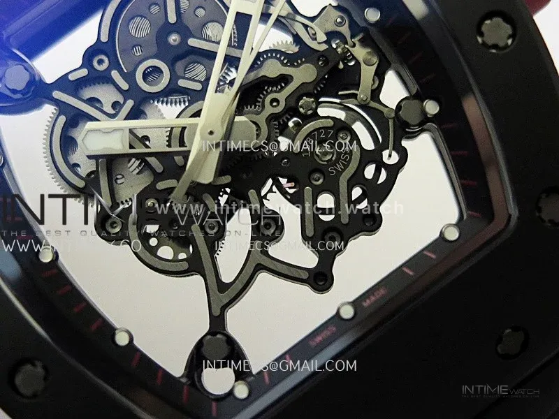 RM055 Red Crown Black Inner Black Ceramic ZF 1:1 Best Edition Skeleton Dial On Black Rubber Strap RMUL2 Super Clone