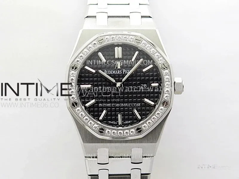 Lady Royal Oak 33mm 67651 Diamonds SS ZF 1:1 Best Edition Black Textured Dial on SS Bracelet RONDA Quartz