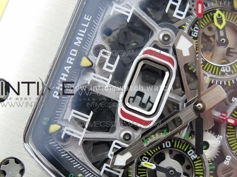 RM11-03 SS KVF 1:1 Best Edition Crystal Skeleton Dial on Yellow Racing Rubber Strap A7750